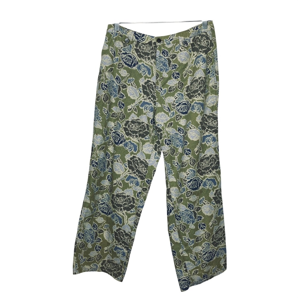 Sigrid Olsen SO Blue Pants Women 10 Green Floral Rose Cotton Straight Leg